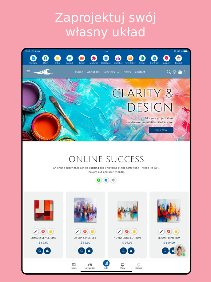 Edytor układów aplikacji do tworzenia stron internetowych – widok na tablecie