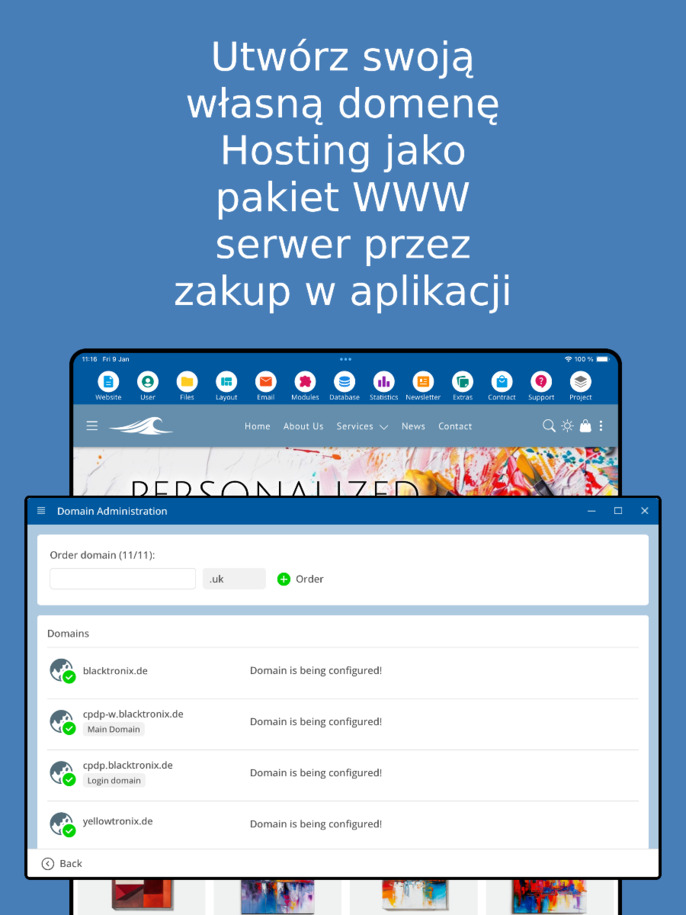 Zarządzanie domeną w aplikacji – zrzut ekranu z tabletu