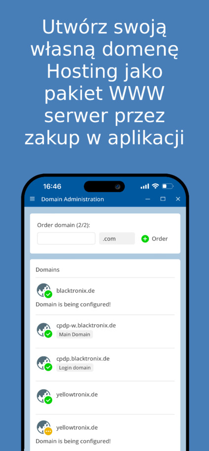 Tworzenie i zarządzanie własną domeną – zrzut ekranu aplikacji