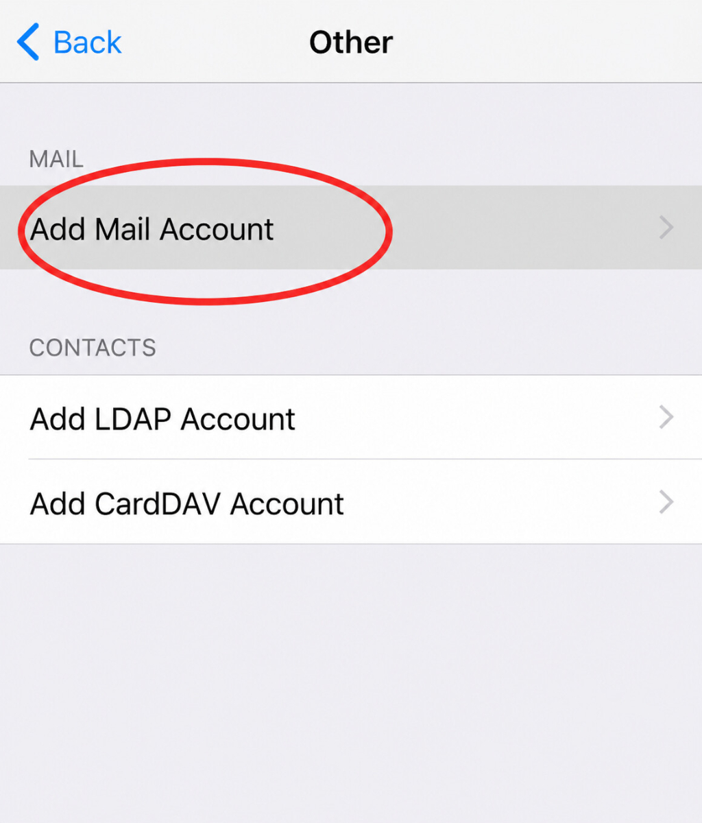 iPhone Menü Andere mit markierter Option Mail-Account hinzufügen