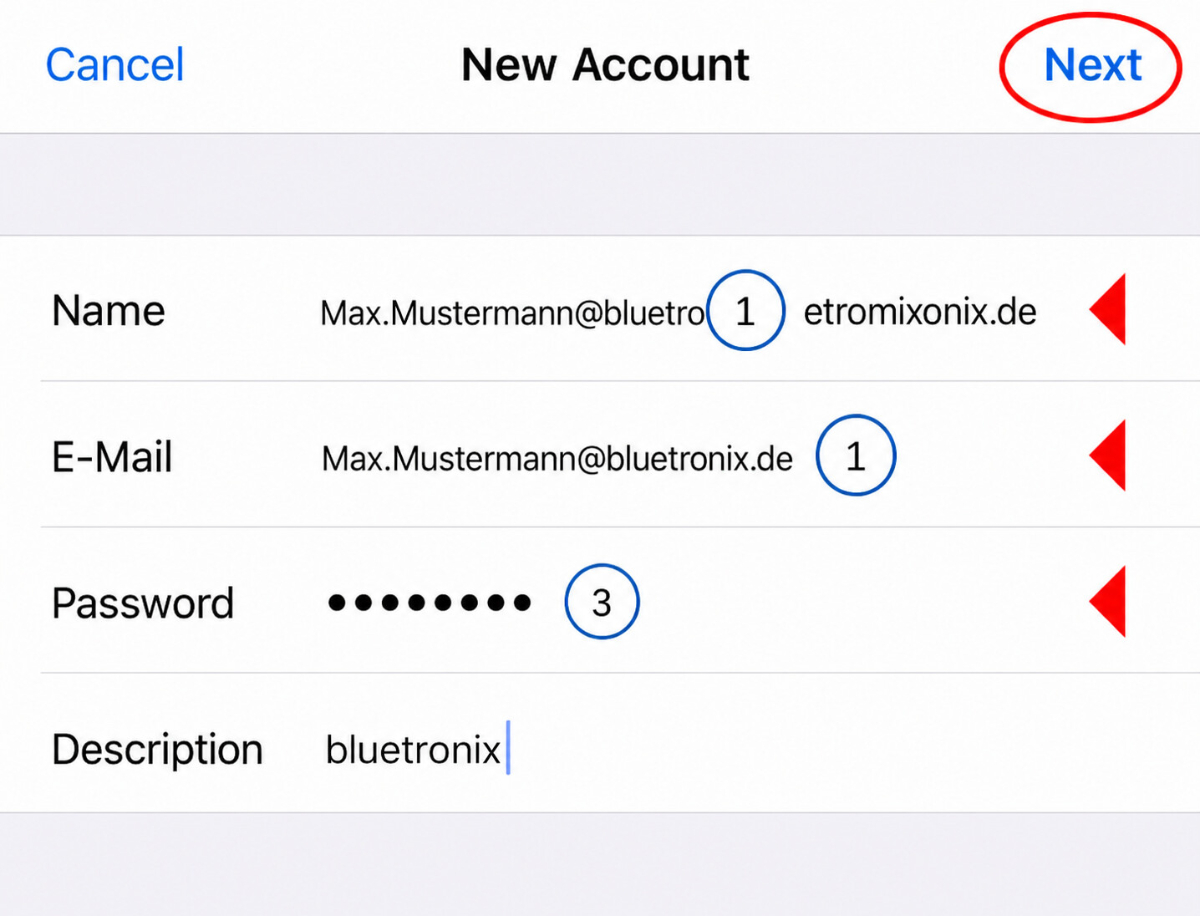 iPhone Formular Neuer Account mit markierten Feldern Name, E-Mail, Passwort und Button Weiter