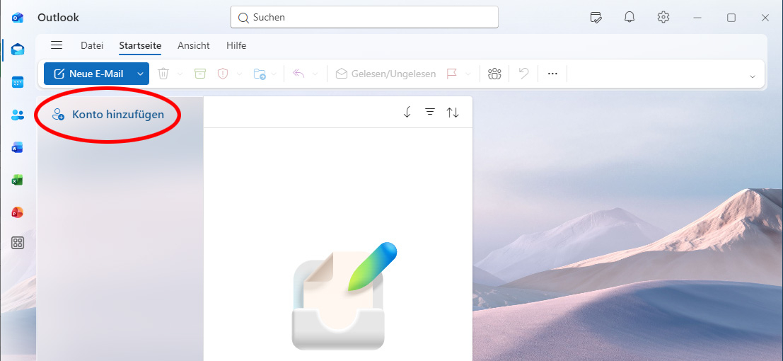 Outlook mit geöffneter Datei-Ansicht und Schaltfläche „Konto hinzufügen“