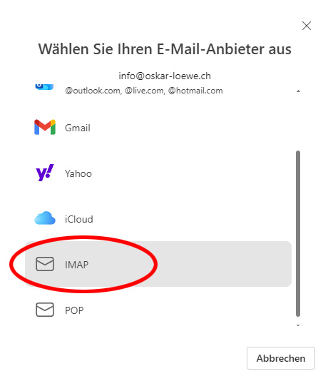 Outlook mit Auswahl des Kontotyps IMAP